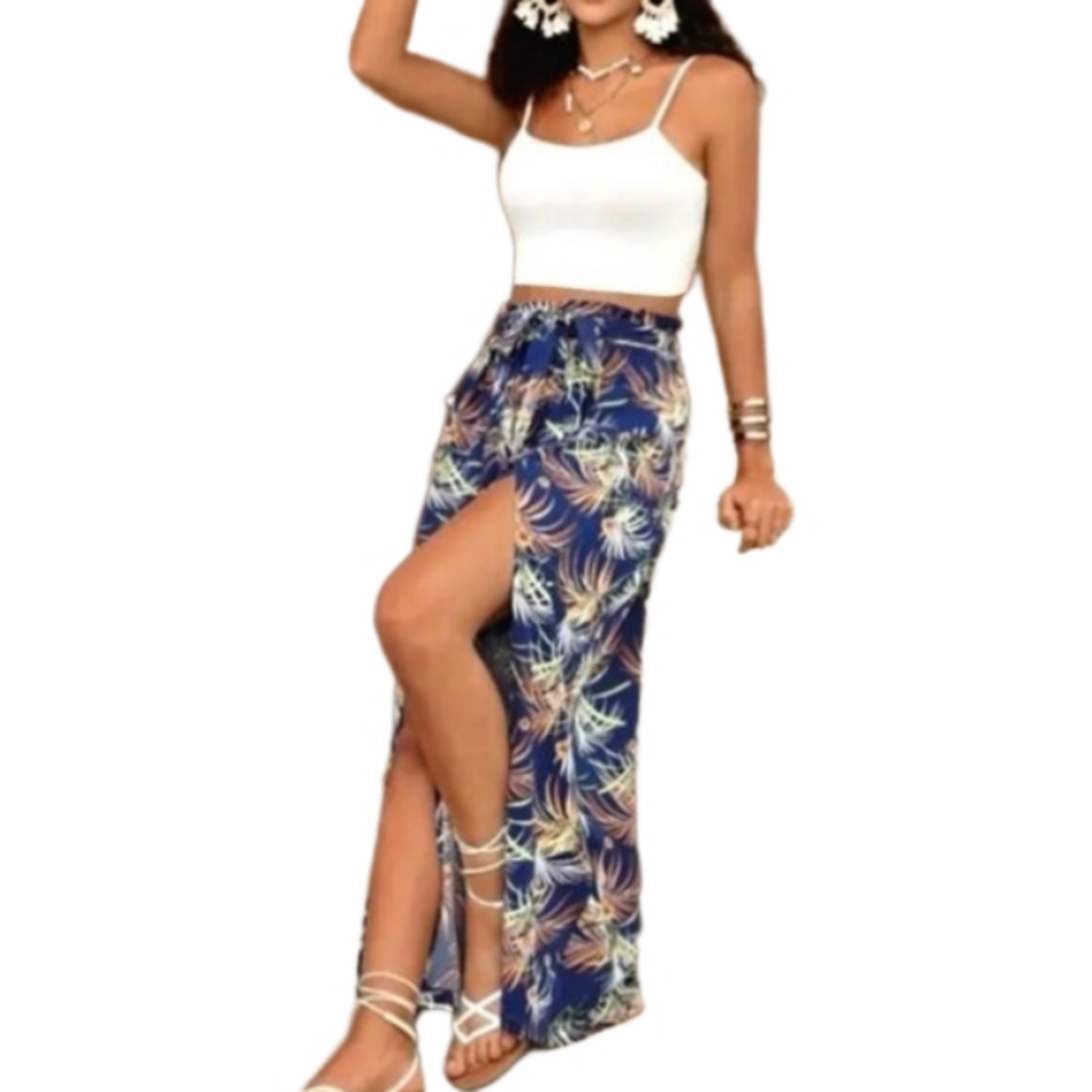 Boho Tropical Print Two-piece Set, Crop Cami Top & Split Pants Outfit sz xl